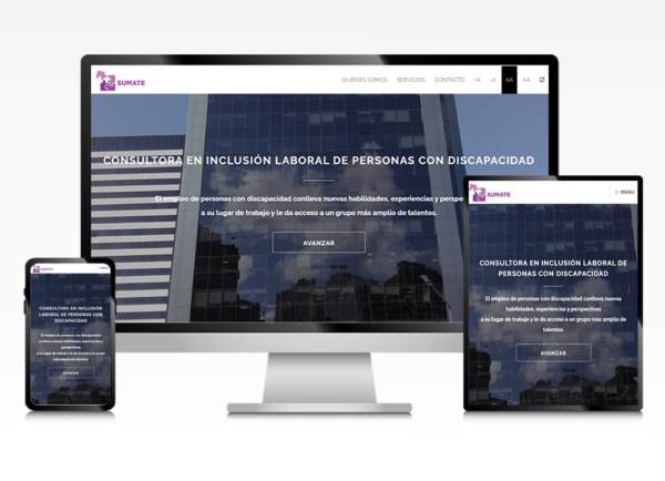 sitio web para Sumate, vista del sitio en formato escritorio, tablet, celular