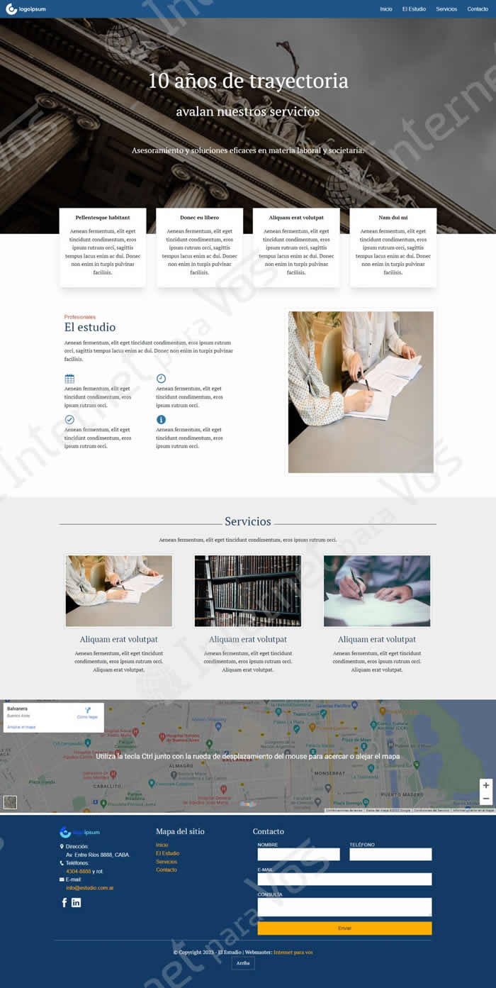 Sitio ABOGADOS servicios jurídicos, estudios de abogados, 4 secciones responsive. Vista completa
