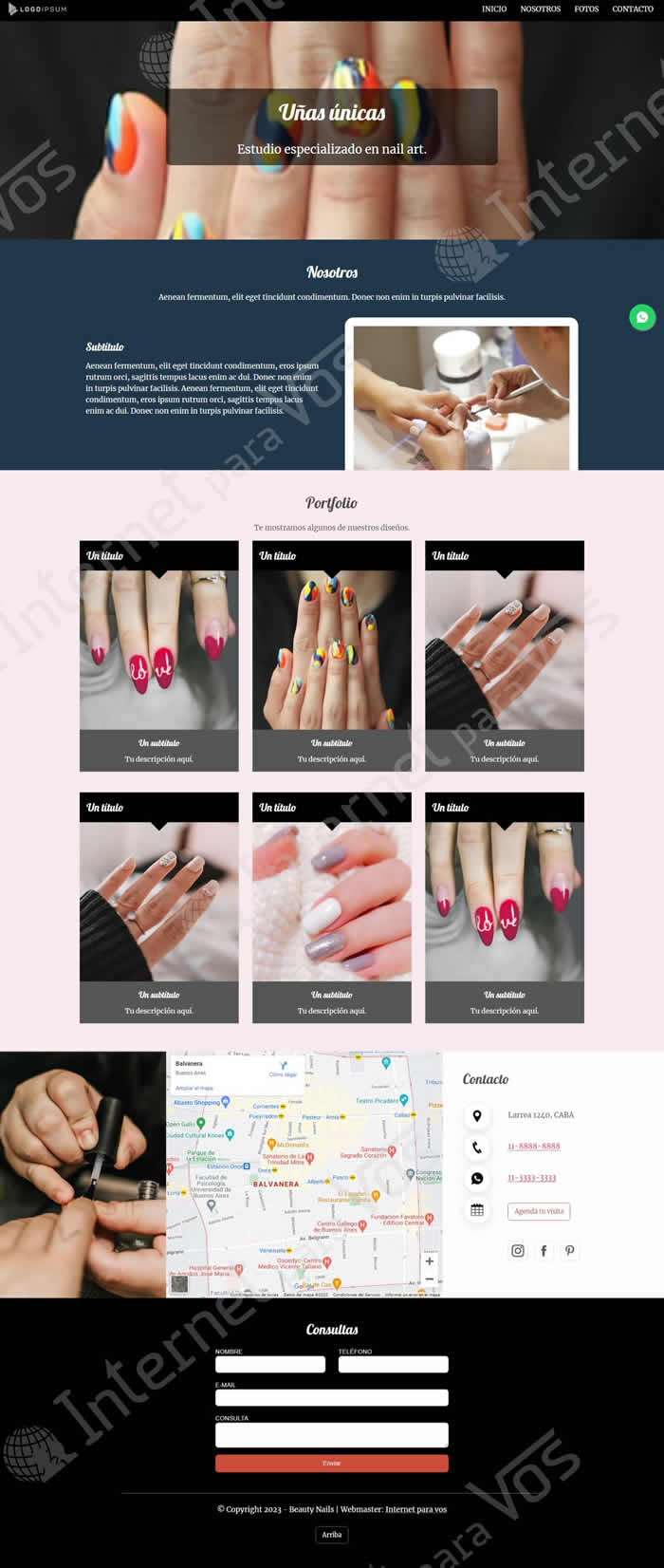 Sitio NAILS servicios de manicuría, belleza de uñas, nail art. 4 secciones, responsive. Vista completa